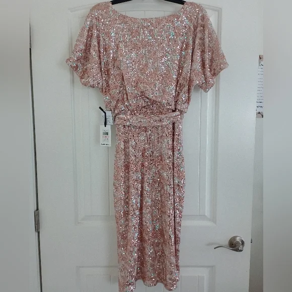 NWT Kensie Sequin Boat-Neck Tie-Waist Sheath Dress - Picture 7 of 8